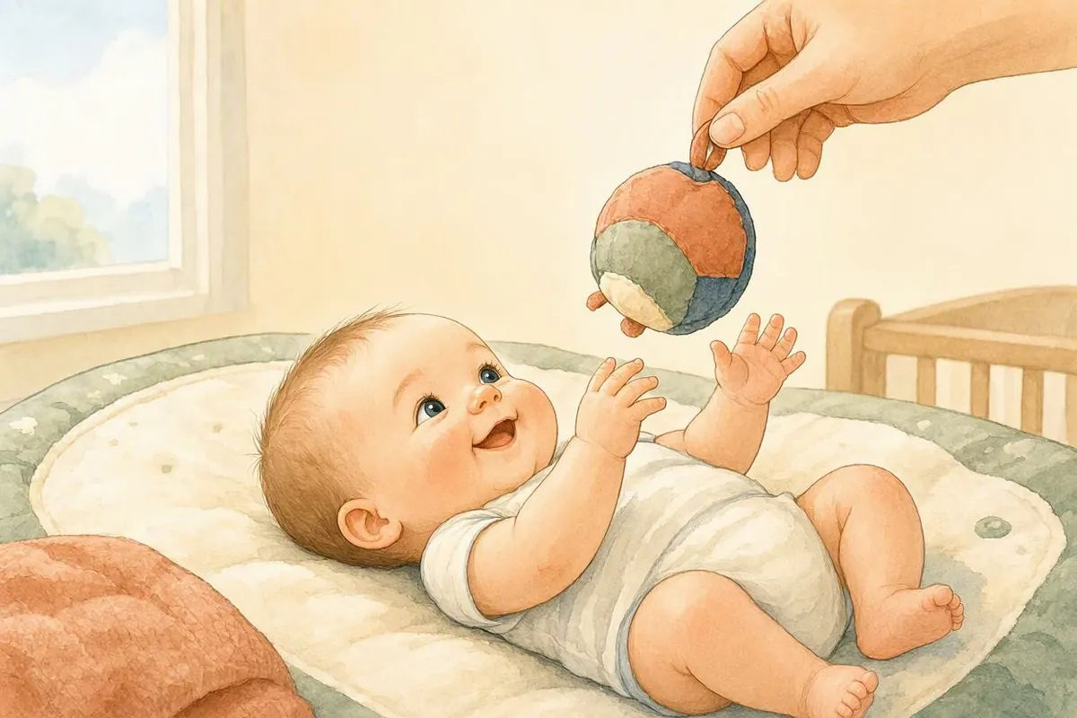 Ilustração de um bebê de cerca de 3 meses deitado de barriga para cima num tapete, sorrindo e esticando as mãos para um chocalho de tecido que um adulto segura