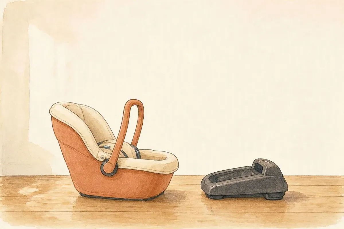 Ilustração de um bebê conforto vazio, com alça, apoiado no chão ao lado da base separada que fica presa no carro