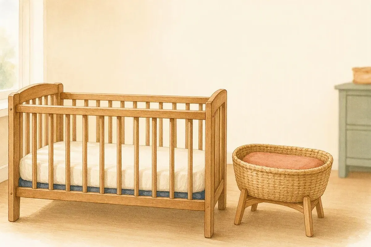 Ilustração de um quarto de bebê com um berço de madeira e um moisés de palha lado a lado, vazios e sem travesseiros