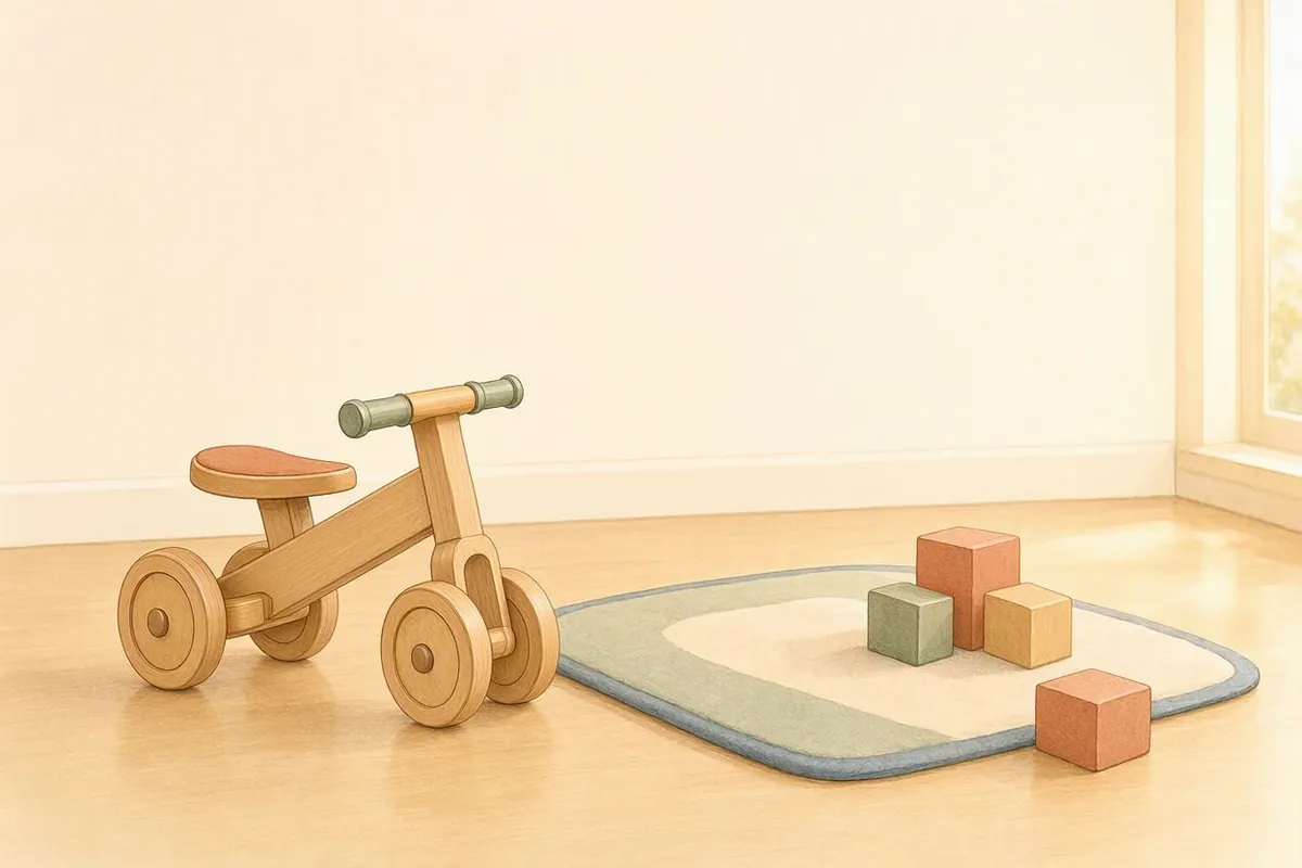 Ilustração em aquarela de uma bicicleta de equilíbrio de madeira, de quatro rodas e sem pedal, parada no piso da sala ao lado de um tapete com blocos de brinquedo