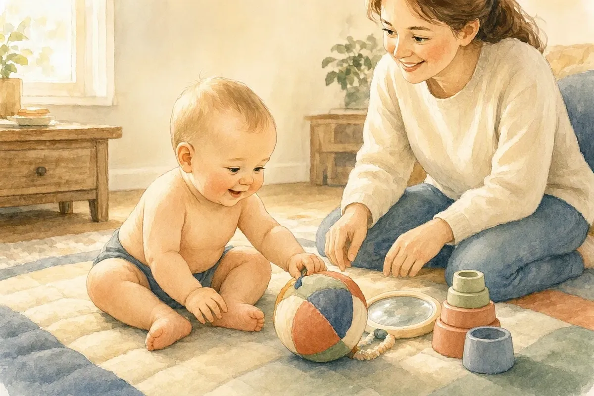 Ilustração em aquarela de um bebê de 6 meses sentado no tapete da sala pegando uma bola grande de tecido, com um espelho de bebê e potinhos de empilhar por perto e a mãe ajoelhada ao lado