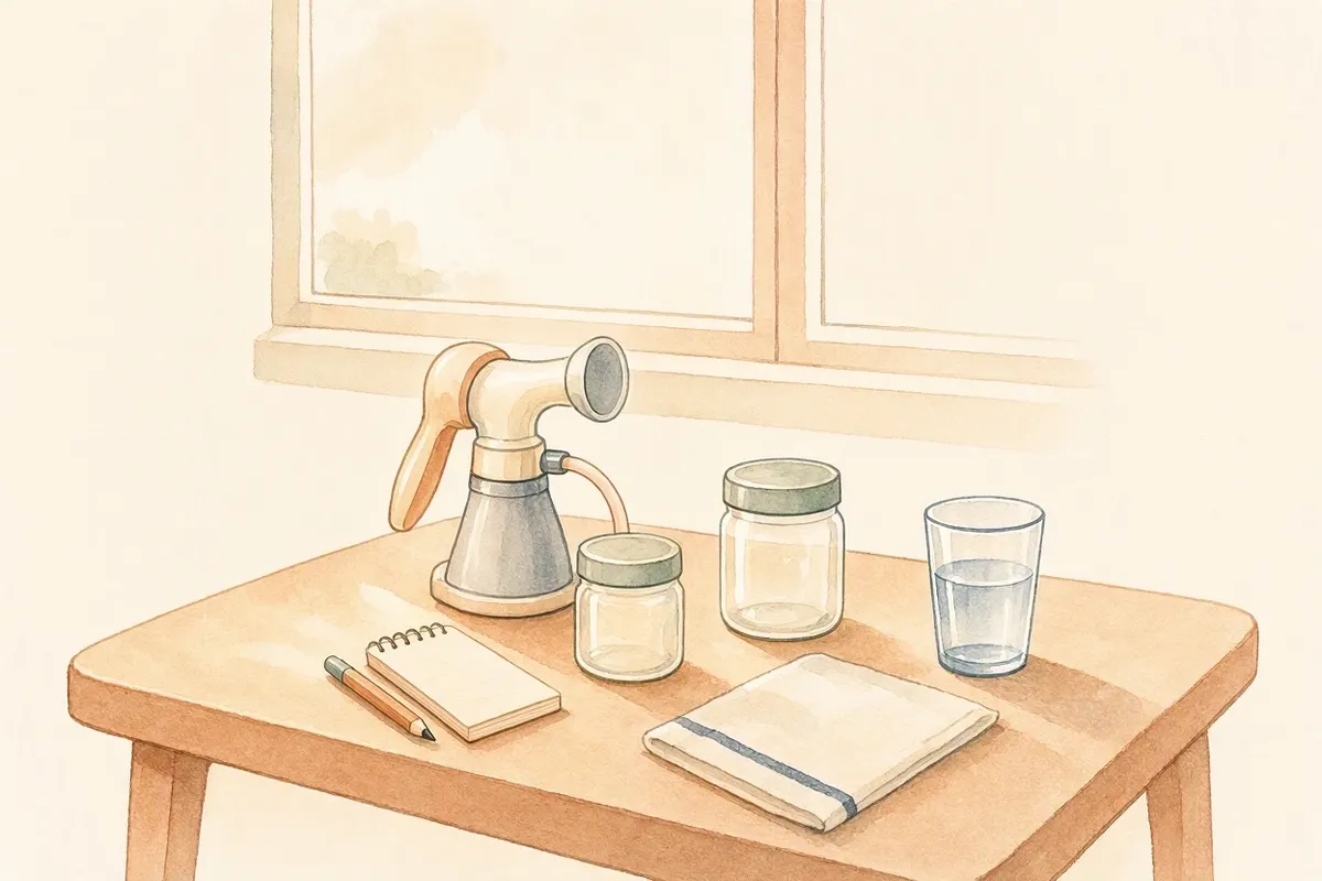 Ilustração em aquarela de uma mesa perto da janela com um tira-leite manual, dois potes de vidro com tampa, um pano limpo dobrado, um copo de água e um bloquinho para anotar a data da coleta