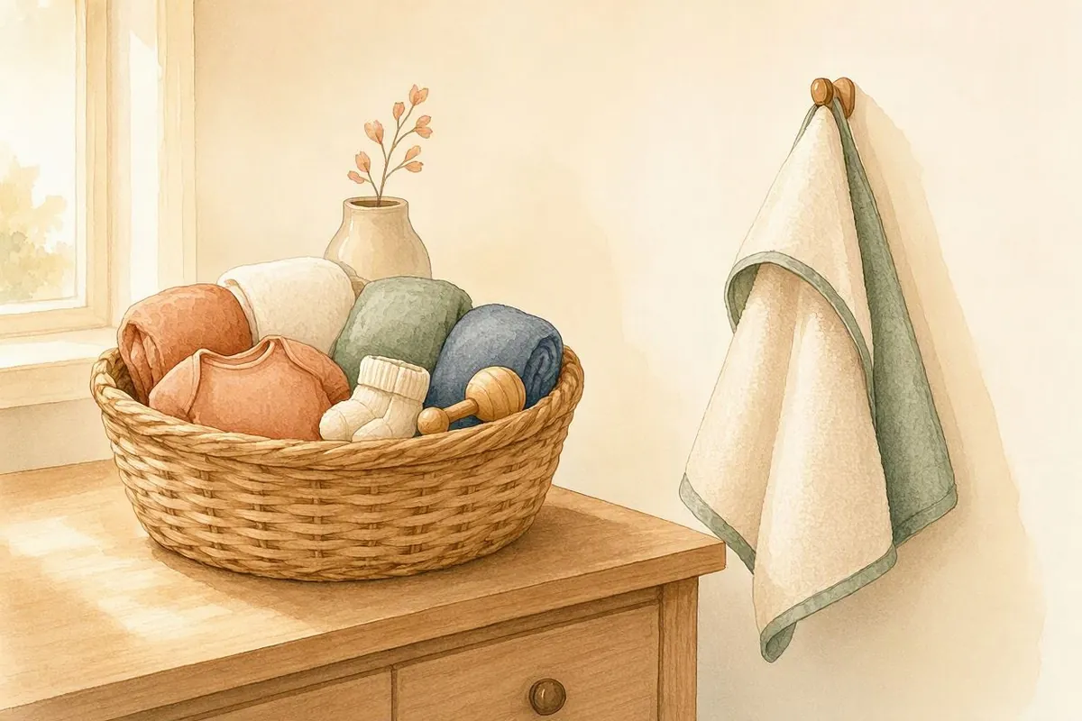 Ilustração em aquarela de um cesto de vime sobre a cômoda com roupinhas de bebê dobradas, meias e um chocalho de madeira
