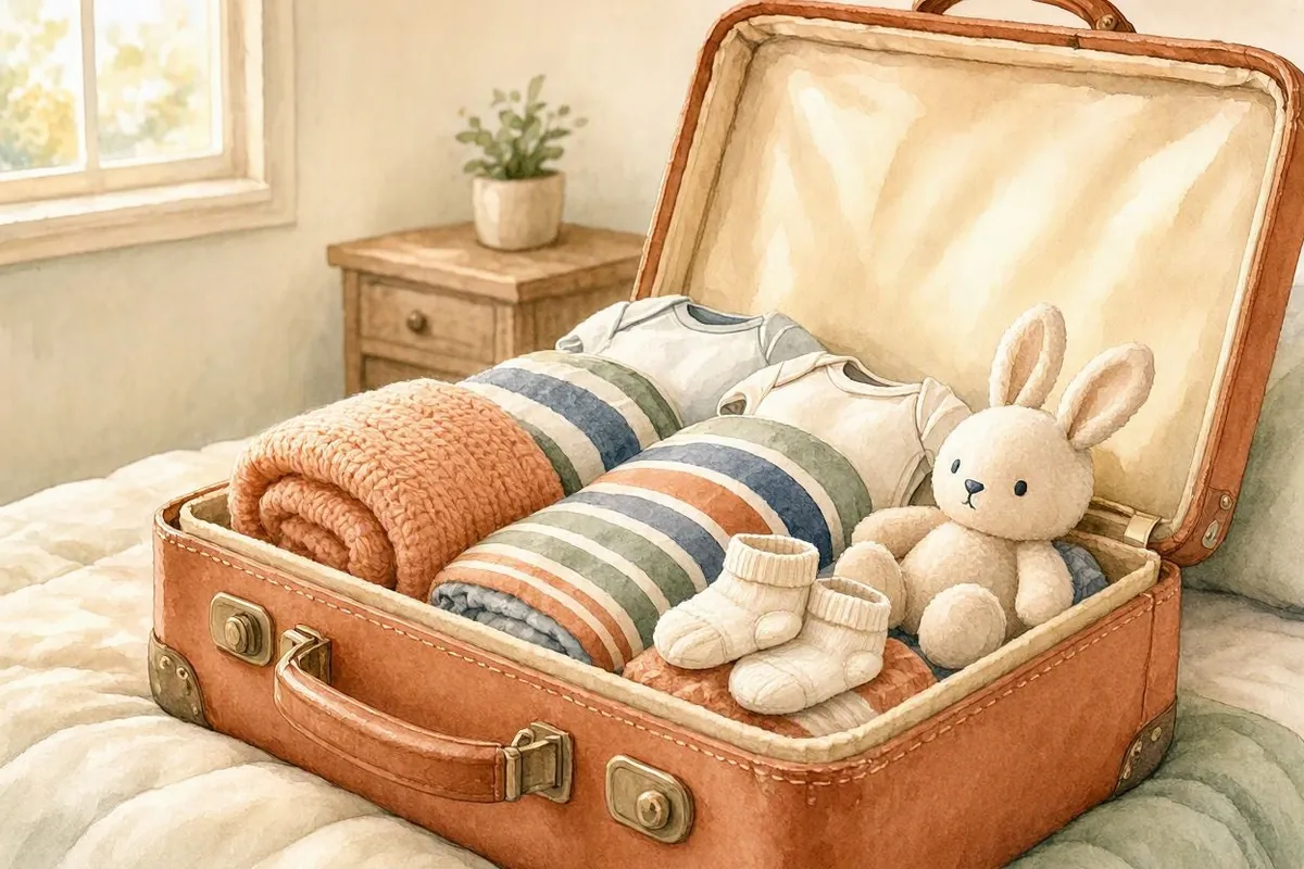 Ilustração em aquarela de uma mala aberta sobre a cama, com bodies dobrados, manta de tricô, meias de bebê e um coelhinho de pelúcia