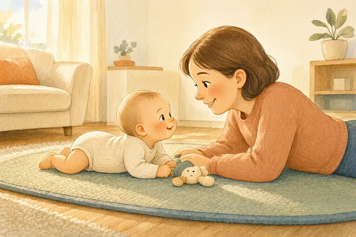Ilustração em aquarela de um bebê de bruços num tapete no chão da sala, levantando a cabeça para olhar a mãe deitada de frente para ele, com um bichinho de pano entre os dois