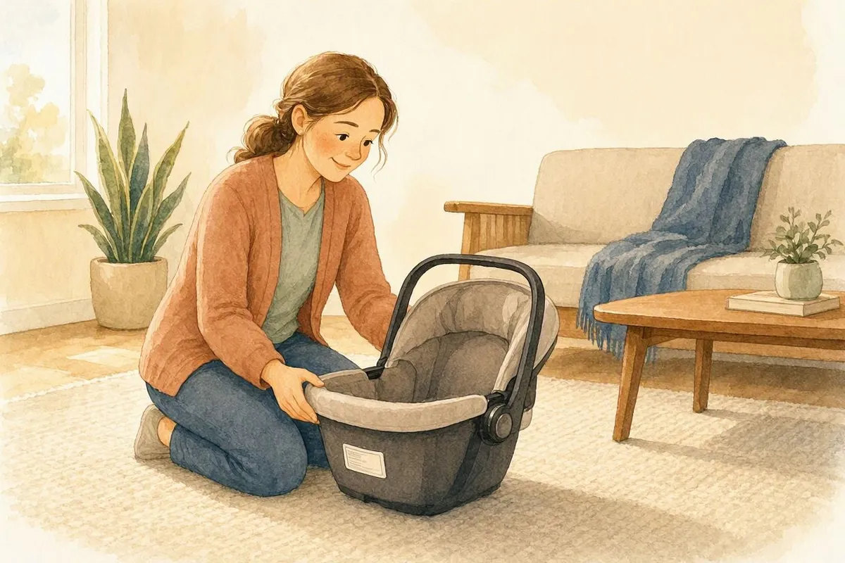Ilustração de uma mãe ajoelhada no tapete da sala conferindo a etiqueta embaixo de um bebê conforto vazio