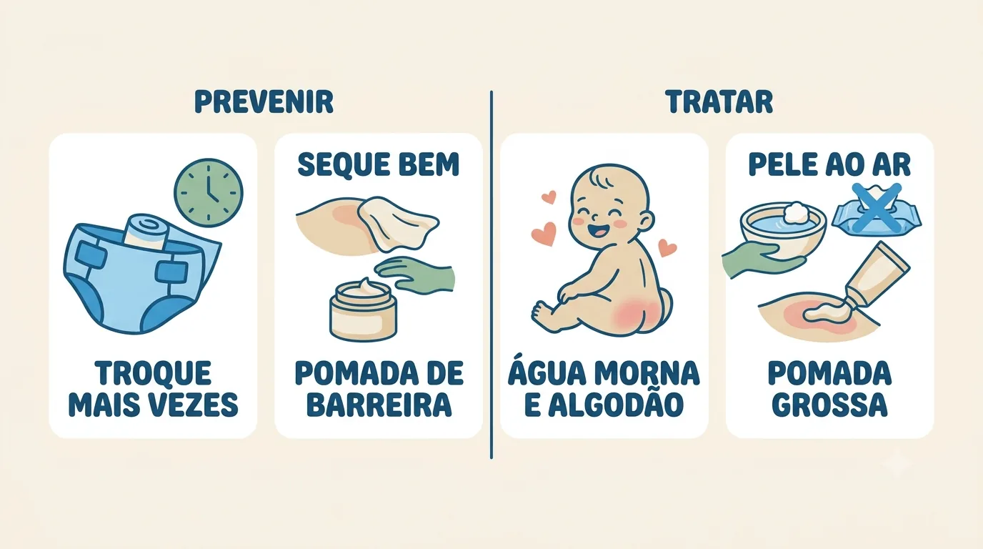 Assadura no bebê: prevenir trocando mais vezes, secando bem e com pomada de barreira; tratar com pele ao ar, água morna e algodão e pomada grossa