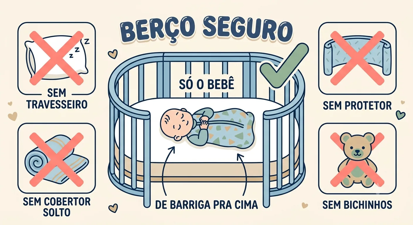 Berço seguro: só o bebê deitado de barriga pra cima no colchão firme, sem travesseiro, sem protetor, sem cobertor solto e sem bichinhos
