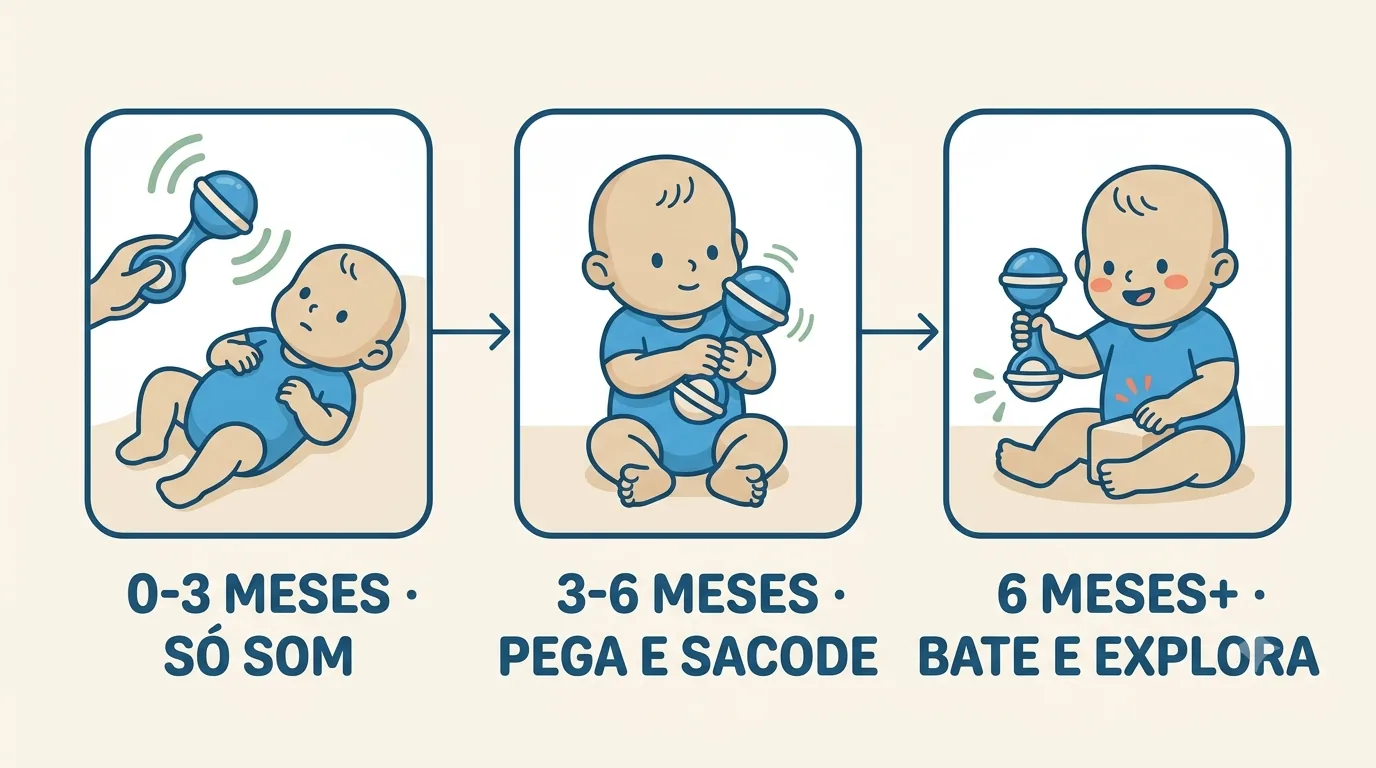 Chocalho por fase do bebê: 0 a 3 meses só som, 3 a 6 pega e sacode, 6 meses ou mais bate e explora