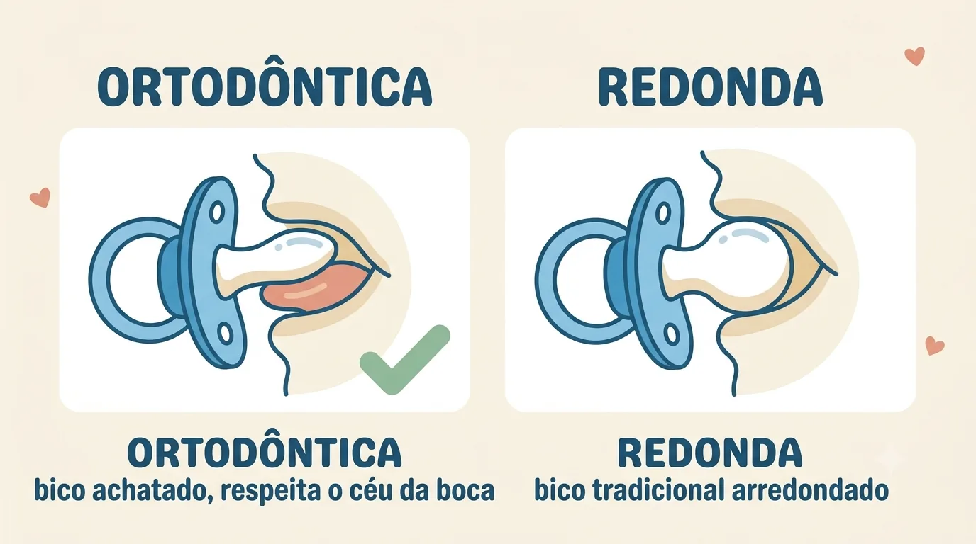 Chupeta ortodôntica x redonda: a ortodôntica tem bico achatado que respeita o céu da boca, a redonda tem bico tradicional arredondado
