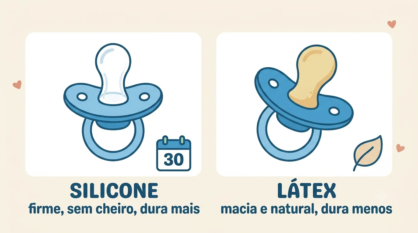 Chupeta de silicone x látex: silicone é firme, sem cheiro e dura mais; látex é macia e natural e dura menos