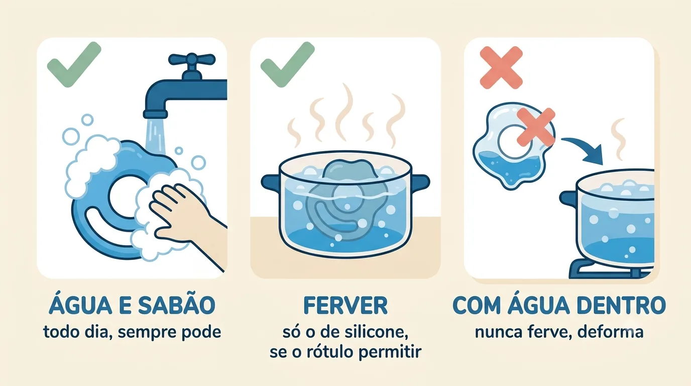Como higienizar o mordedor: água e sabão todo dia, ferver só o de silicone, o com água dentro nunca ferve