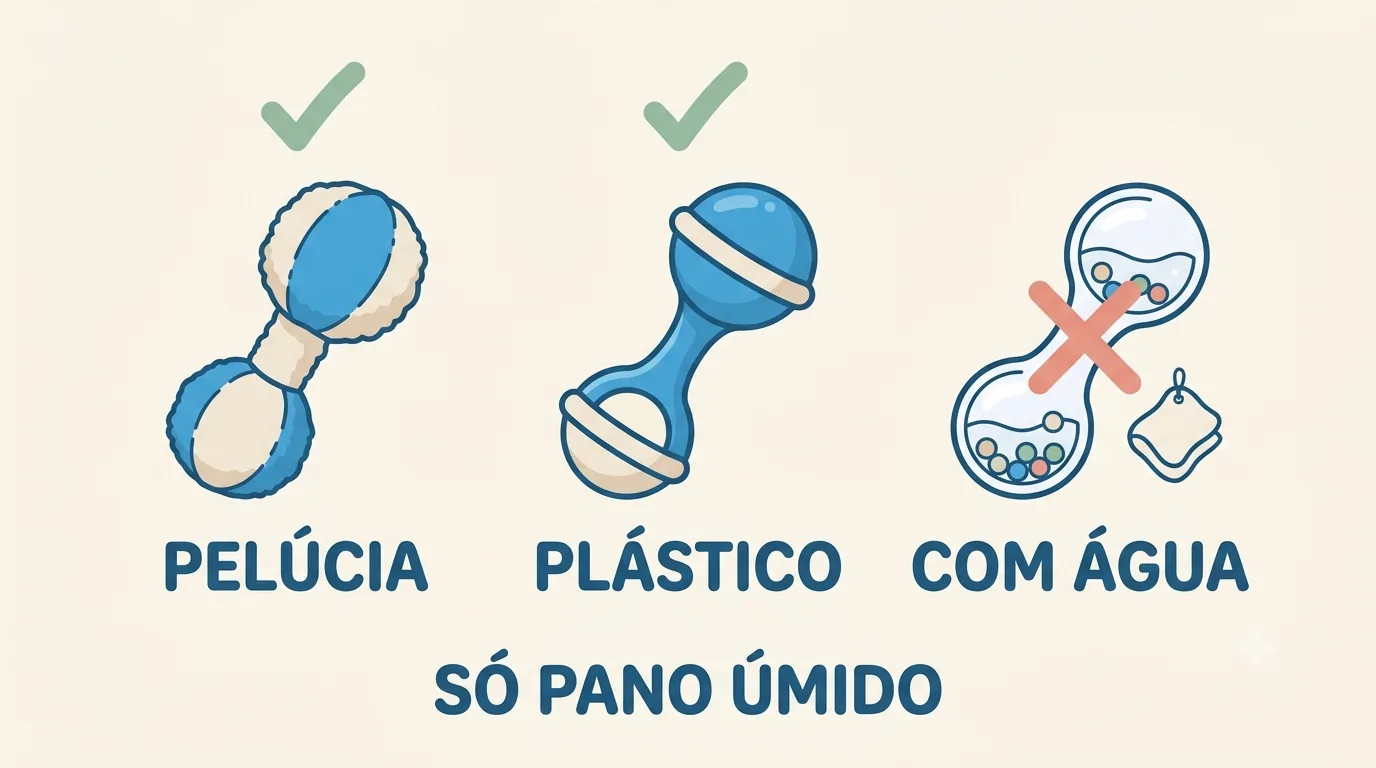 Três chocalhos e como limpar cada um: pelúcia e plástico podem lavar, o com água dentro só pano úmido
