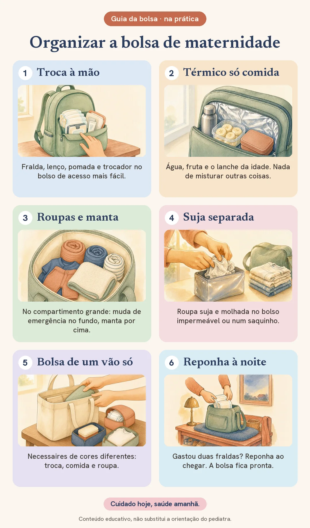 Passo a passo ilustrado para organizar a bolsa de maternidade: kit de troca no bolso de acesso fácil, bolso térmico só com comida, roupas e manta no compartimento grande, roupa suja no saquinho impermeável, necessaires coloridas e reposição ao fim do dia