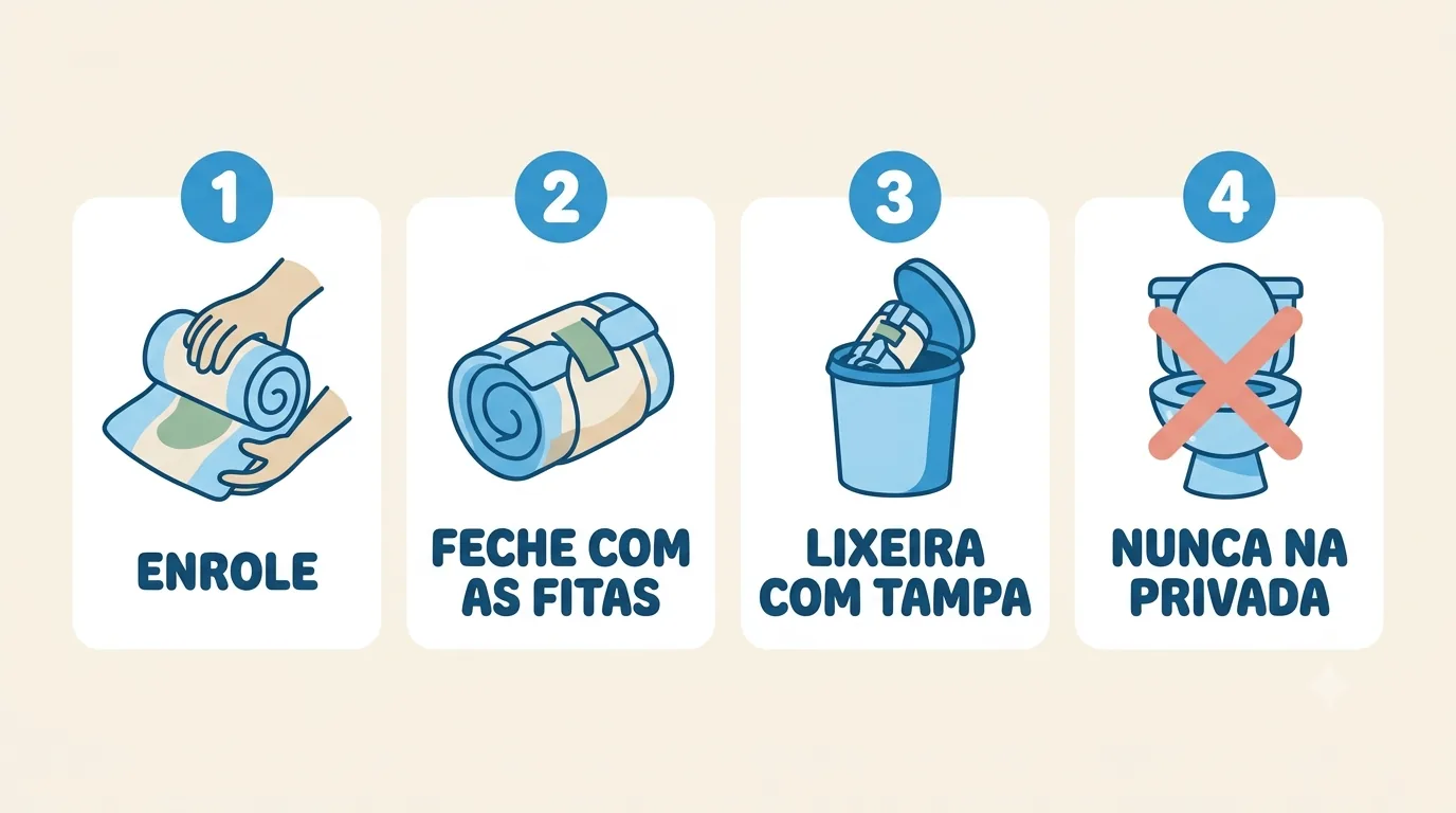 Como descartar a fralda em quatro passos: enrole, feche com as fitas, jogue na lixeira com tampa e nunca na privada