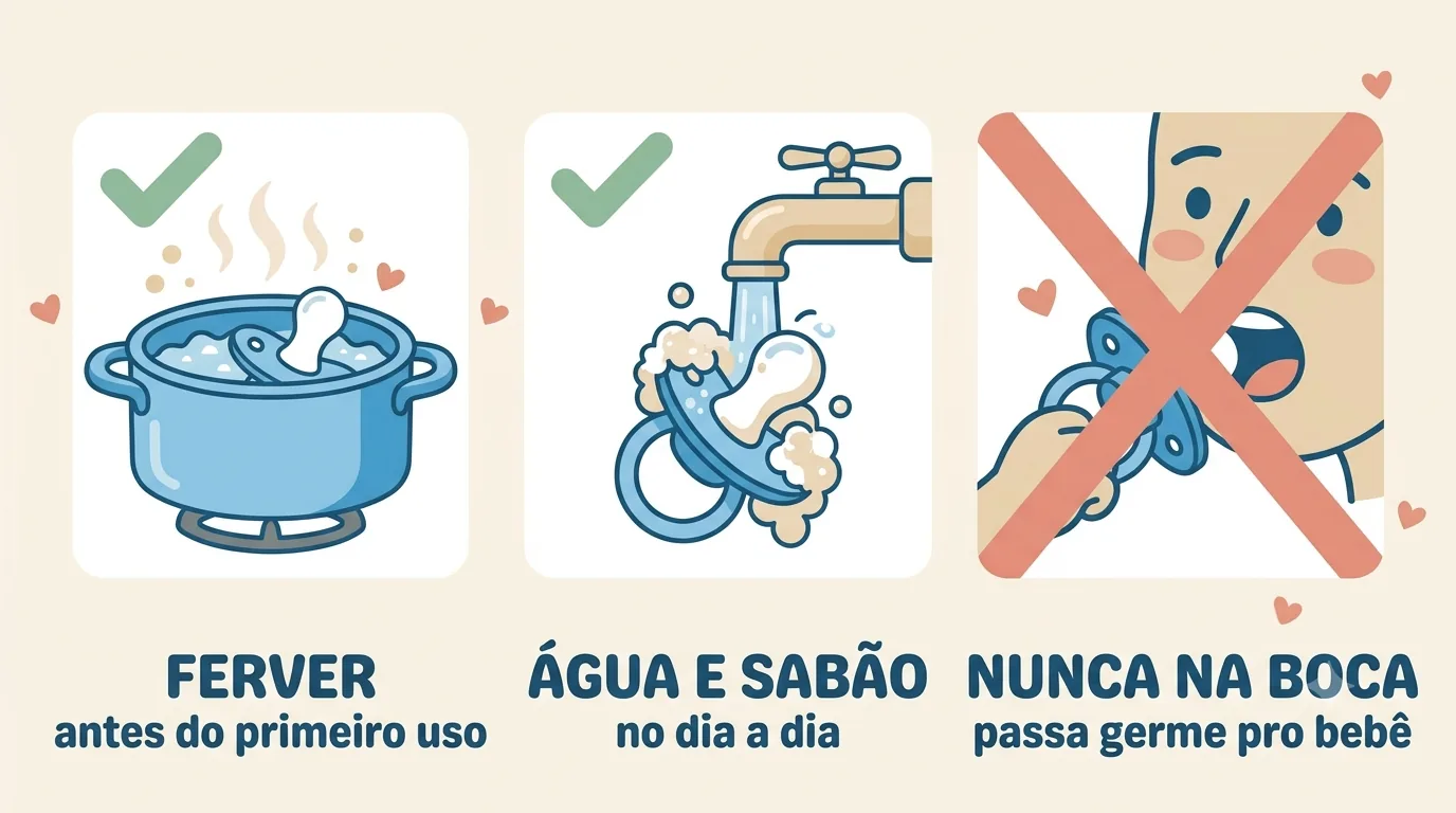 Como esterilizar a chupeta: ferver antes do primeiro uso, lavar com água e sabão no dia a dia e nunca limpar na própria boca