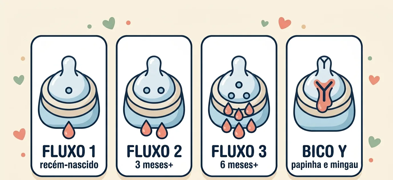 Fluxo do bico da mamadeira por idade: fluxo 1 para recém-nascido, fluxo 2 a partir de 3 meses, fluxo 3 a partir de 6 meses e bico Y para papinha e mingau