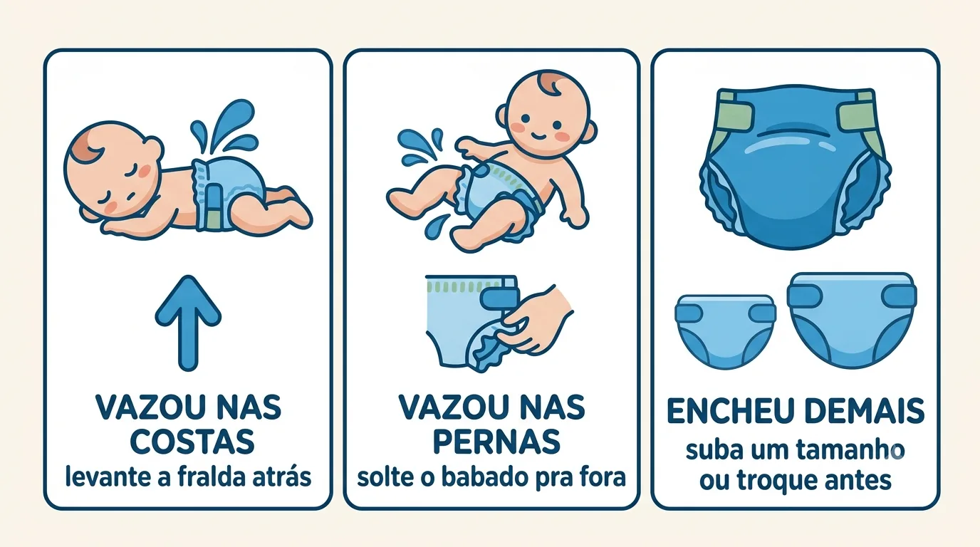 Fralda vazando: nas costas levante a fralda atrás, nas pernas solte o babado pra fora, se enche demais suba um tamanho