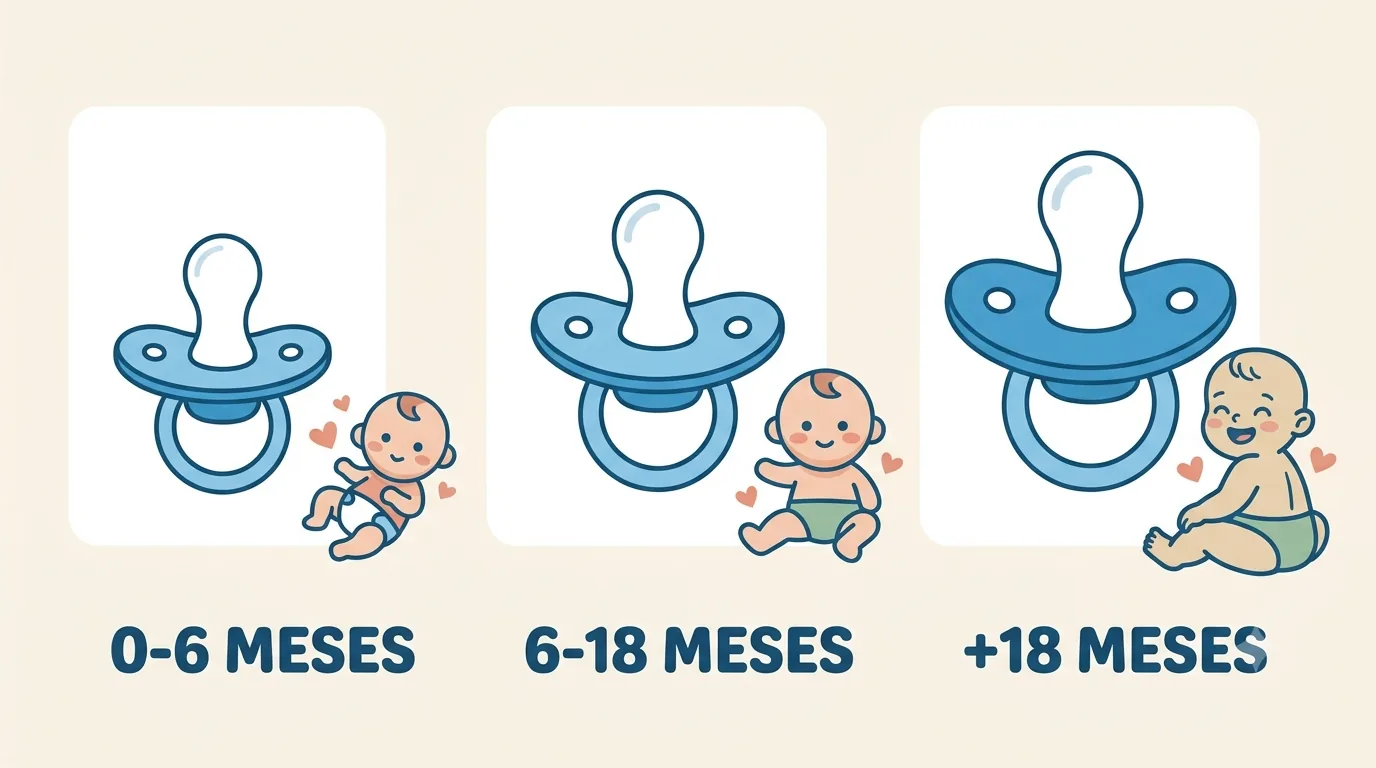 Tamanho de chupeta por idade: 0 a 6 meses, 6 a 18 meses e acima de 18 meses, a chupeta cresce junto com o bebê