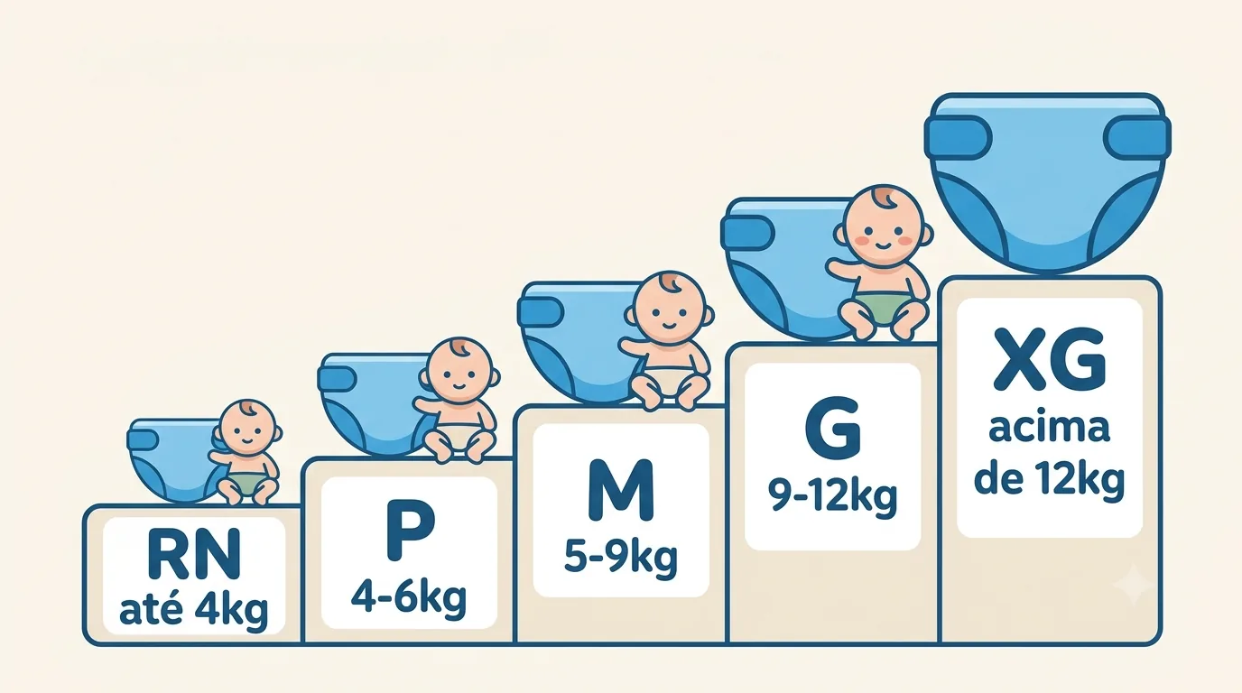 Escada de tamanhos de fralda por peso: RN até 4kg, P 4 a 6kg, M 5 a 9kg, G 9 a 12kg e XG acima de 12kg