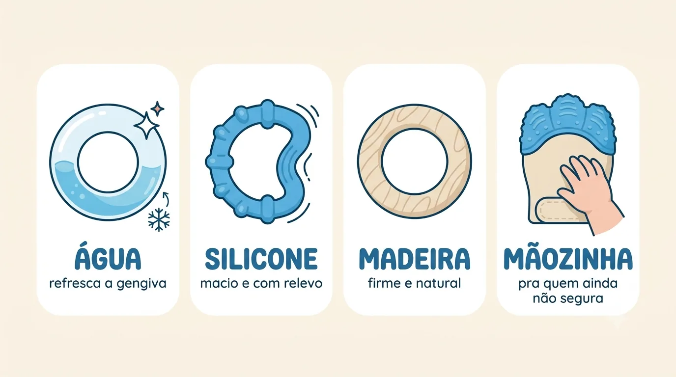 Quatro tipos de mordedor: de água, de silicone, de madeira e de mãozinha, e para que serve cada um