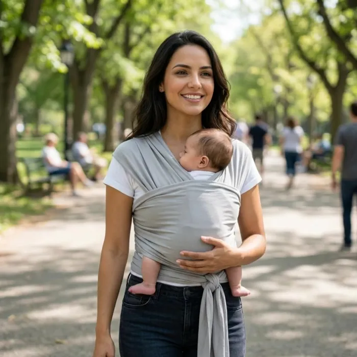 Sling wrap montado Best Sling cinza com bebê