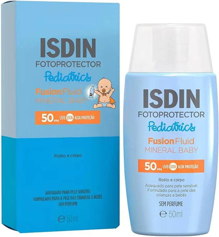 Protetor solar ISDIN Fusion Fluid Mineral Baby FPS 50 em frasco azul de 50 ml, com a caixa